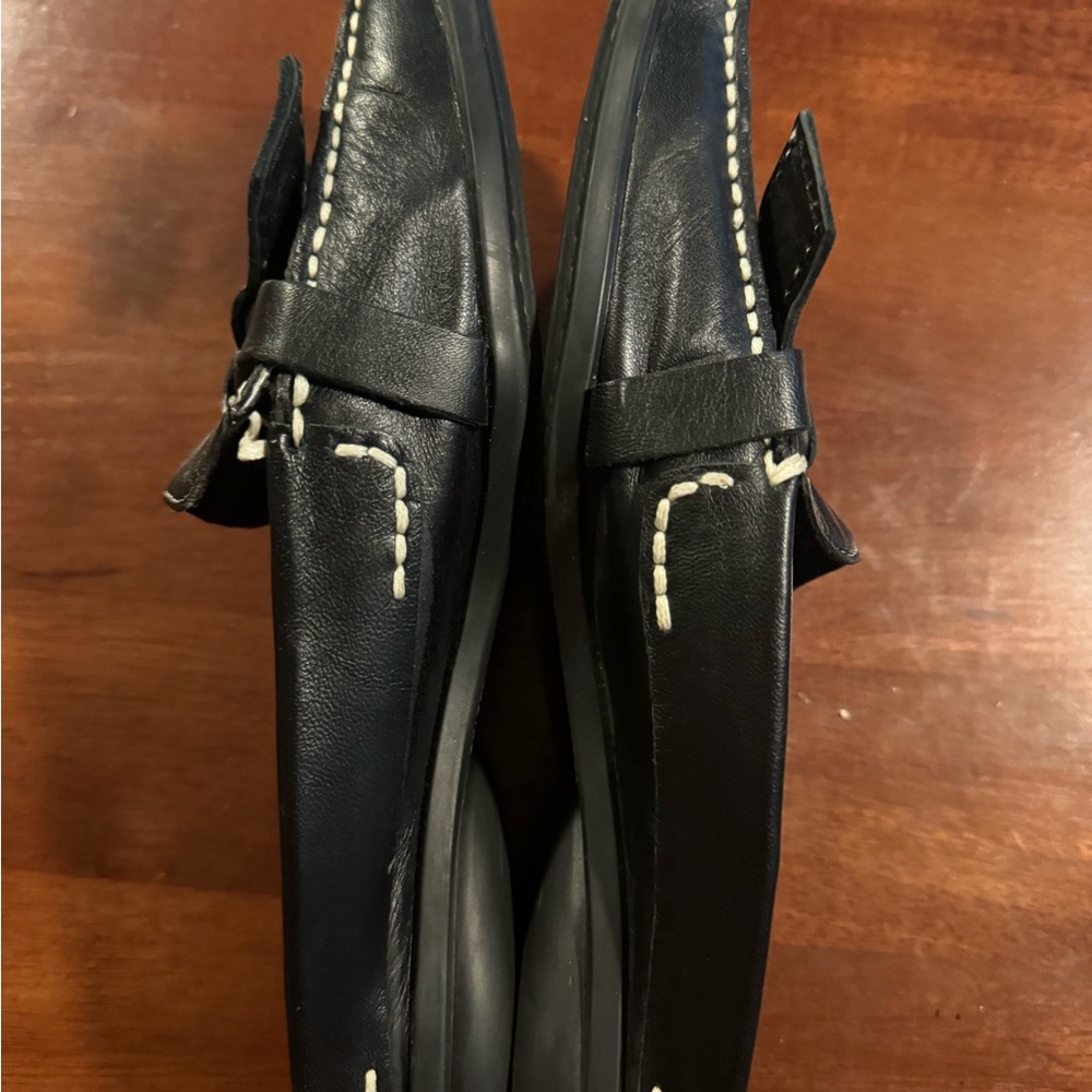 Areosoles Black Leather Mules Square Toe Bow White Stitching Comfort Shoe Sz 6 - Picture 5 of 9